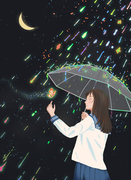 女孩撑伞下流星雨手绘插画