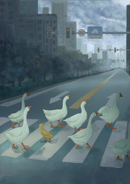 唯美创意城市小鸭子过马路插画