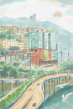 水墨重庆地标建筑手绘插画