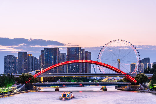 中国天津海河天津眼城市建筑夜景