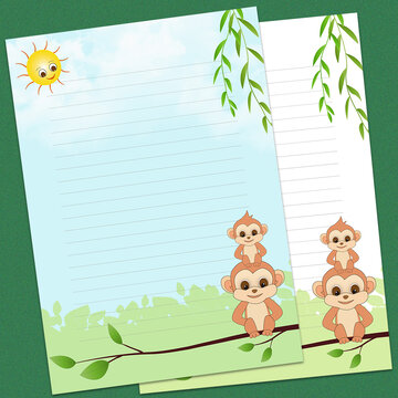 可爱卡通小猴子春天信纸背景