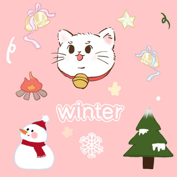可爱猫猫冬日主题手帐卡通贴纸