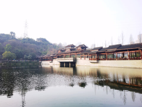 彩云湖风雨廊桥水坝古建筑