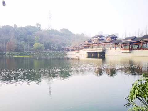 风雨廊桥古建筑水坝