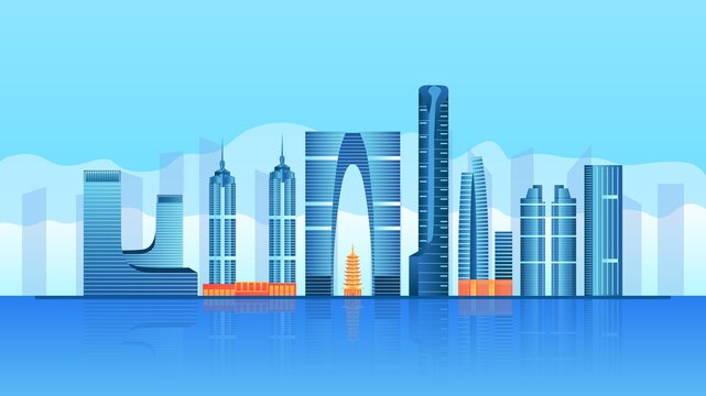 苏州蓝色商务风城市建筑插画