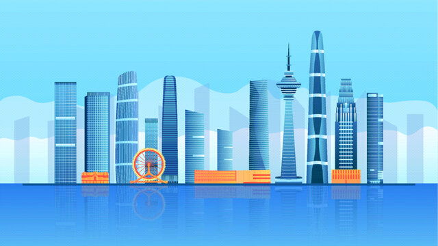 天津蓝色商务风城市建筑插画