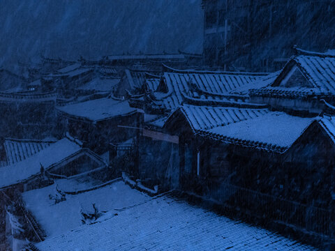 古城雪景夜色