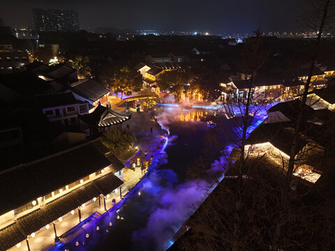 东浦黄酒小镇夜景航拍