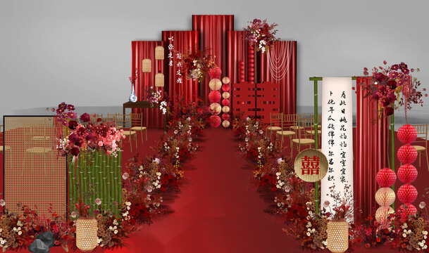 红色新中式户外婚礼效果图