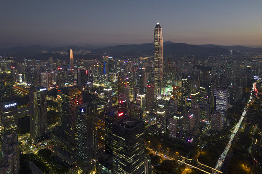 深圳福田中心区航拍城市风光夜景