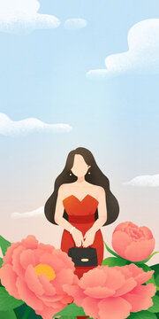 女性身穿礼服站在牡丹花前插画