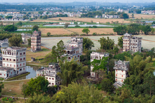 航拍广东开平碉楼村落自力村风景