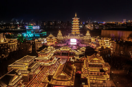 航拍嘉峪关丝路神画夜景