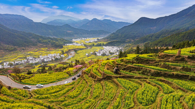 航拍婺源山村油菜花