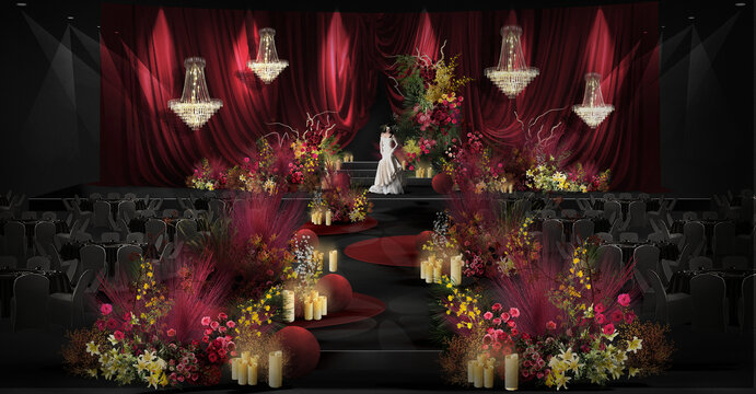 红色布幔氛围婚礼效果图