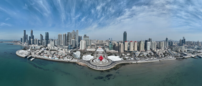 冬季青岛雪景五四广场全景