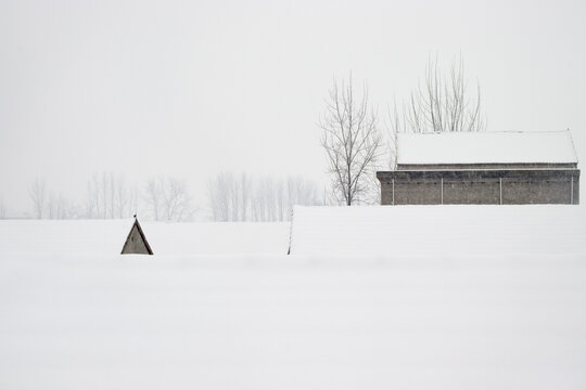 雪中的河南东南部平原农村屋顶
