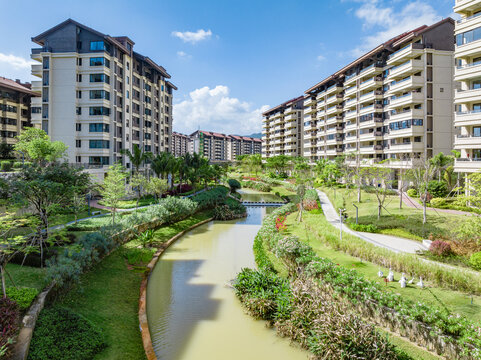 高端住宅小区园林景观航拍