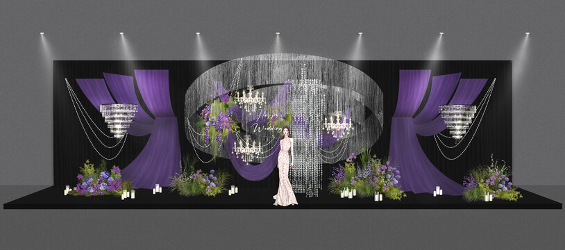 银色紫色黑色小众帅气婚礼主舞台