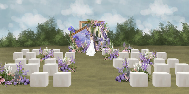 油画莫奈花园紫色婚礼户外效果图