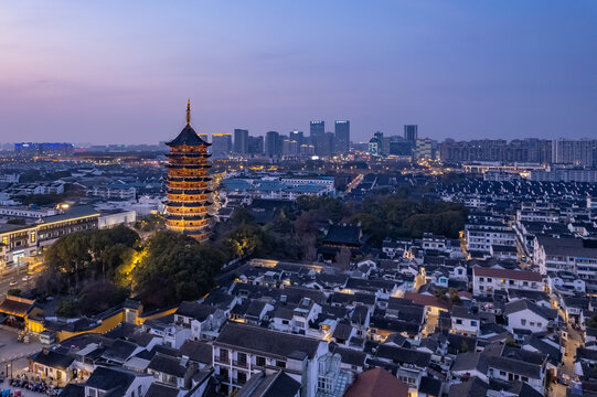 航拍苏州北寺塔城市夜景