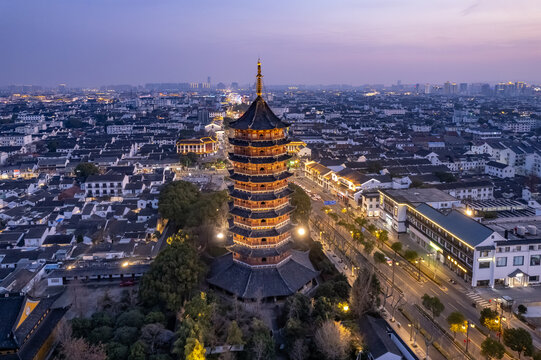 航拍苏州北寺塔城市夜景