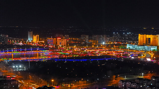 航拍无棣县莲池广场夜景