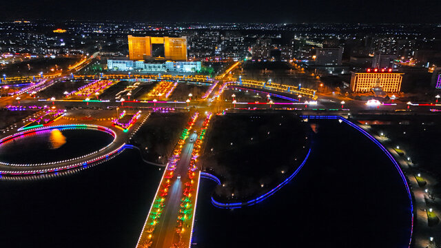 航拍无棣县镜湖夜景