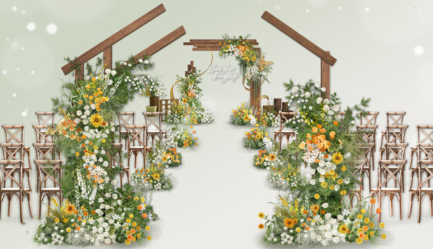 白绿橙户外草坪婚礼效果图