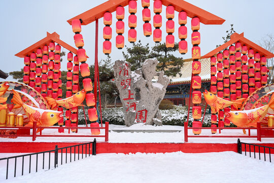 开封清明上河园大雪建筑灯笼雪景