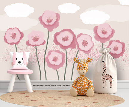粉色花朵小清新儿童房背景墙