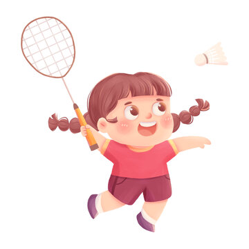 爱运动打羽毛球卡通可爱女孩