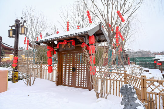 开封清明上河园大雪建筑灯笼雪景