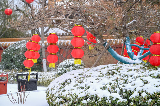 开封清明上河园大雪建筑灯笼雪景