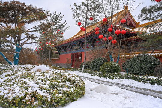 开封清明上河园大雪建筑灯笼雪景