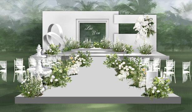 户外简约白绿色婚礼舞台设计