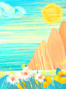 画笔触蓝天太阳山峰大海植物背景