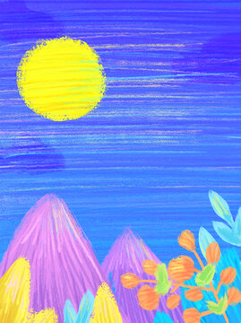 油画棒星空月亮山峰植物儿童背景