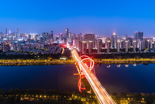 航拍中国辽宁沈阳浑河三好桥夜景