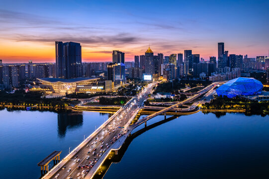 航拍中国辽宁沈阳浑河两岸夜景