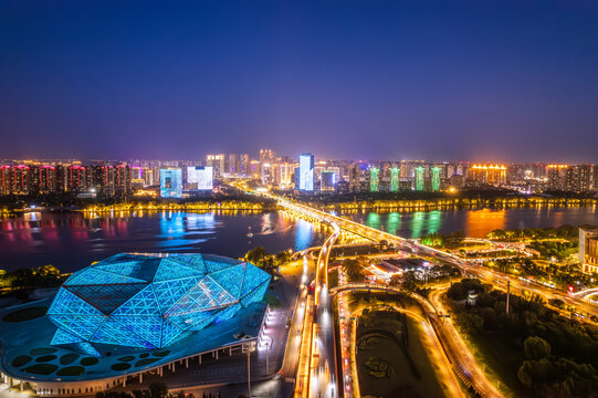 航拍中国辽宁沈阳歌剧院夜景