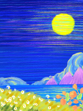 油画棒卡通星空月亮河流植物背景