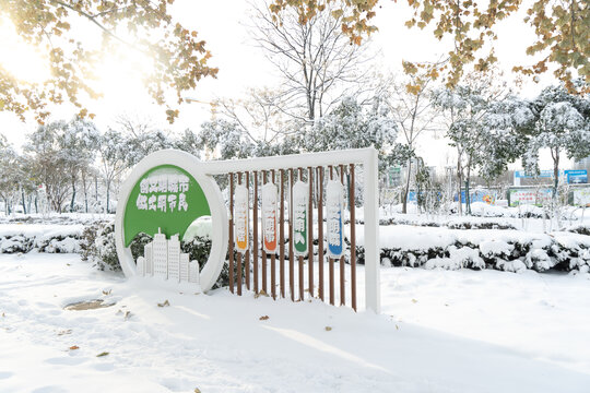 大雪后的公园绿植雪景风光城市