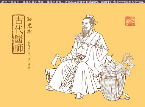 古代医师孙思邈画像线描版