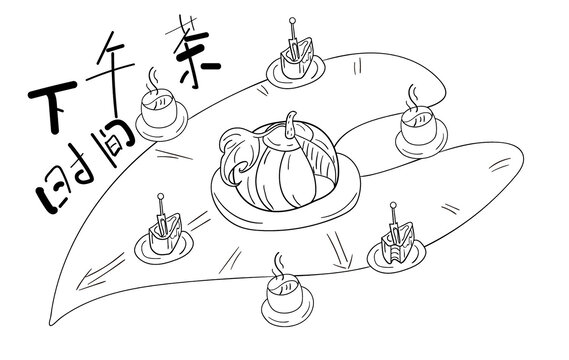 卡通下午茶时间南瓜蛋糕插画线稿