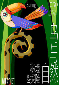 森林树洞前的鹦鹉矢量插画海报