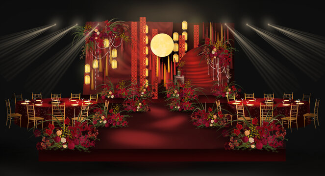 红色新中式婚礼舞台效果图