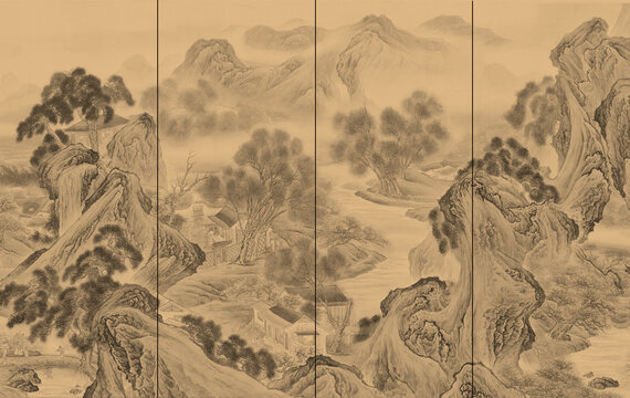 高端新中式山水背景墙壁画