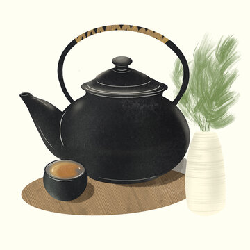 茶具植物扁平插画