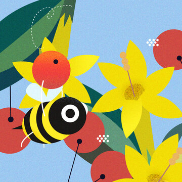 花丛中勤劳的蜜蜂矢量插画海报